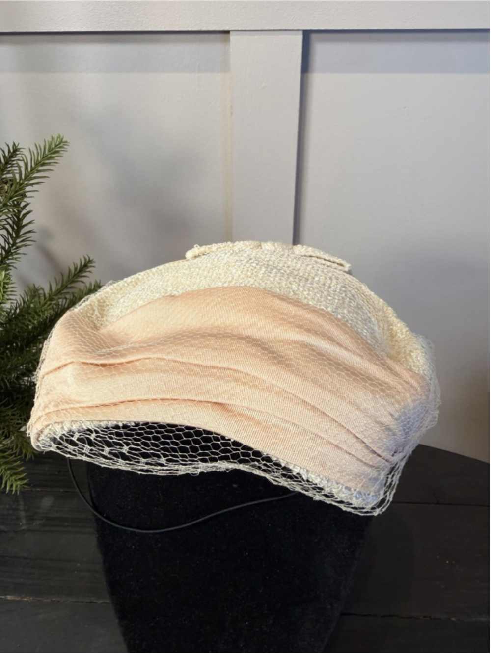 Vintage Ivory Satin Pillbox Hat Birdcage Veil Wedding Church 1950s 1960s Women’s